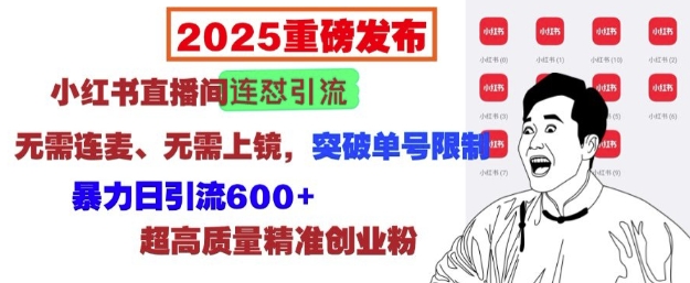 2025重磅发布：小红书直播间连怼引流，无需连麦、无需上镜，突破单号限制，暴力日引流600+_豪客资源库