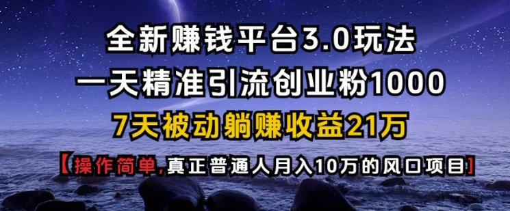 全新赚钱平台3.0玩法一天精准引流创业粉1000.7天被动躺Z收益21W【仅揭秘】_豪客资源库