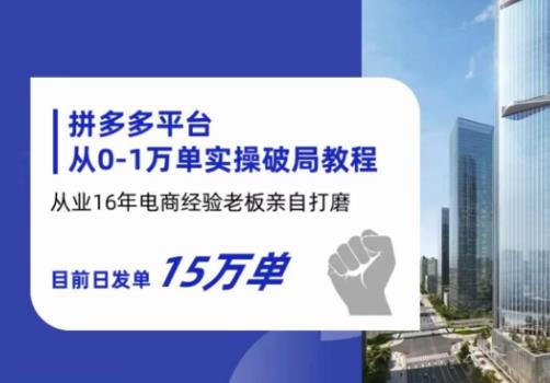 拼多多从0-1万单实操破局教程，从业16年电商经验打磨，目前日发单15万单_豪客资源库