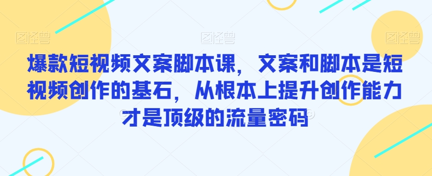 爆款短视频文案脚本课，文案和脚本是短视频创作的基石，从根本上提升创作能力才是顶级的流量密码_豪客资源库