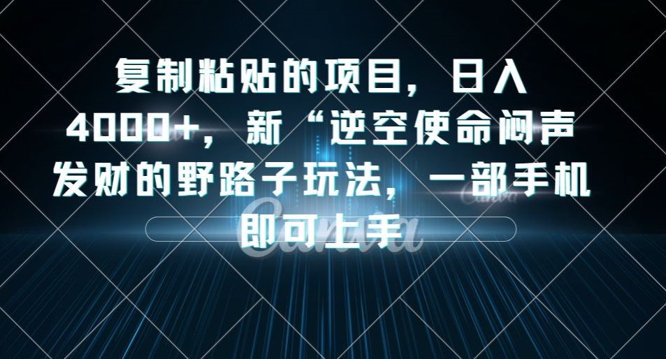 复制粘贴的项目，日入4000+，新“逆空使命“闷声发财的野路子玩法，一部手机即可上手_豪客资源库