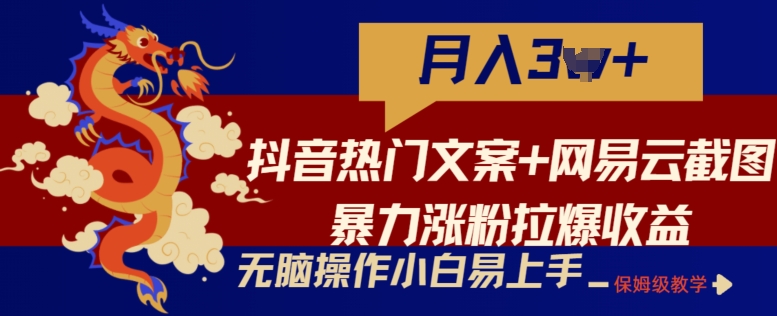 抖音热门文案+网易云截图暴力涨粉拉爆收益玩法，小白无脑操作，简单易上手【揭秘】_豪客资源库