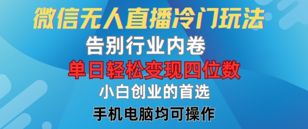 微信无人直播冷门玩法，告别行业内卷，单日轻松变现四位数，小白的创业首选【揭秘】_豪客资源库