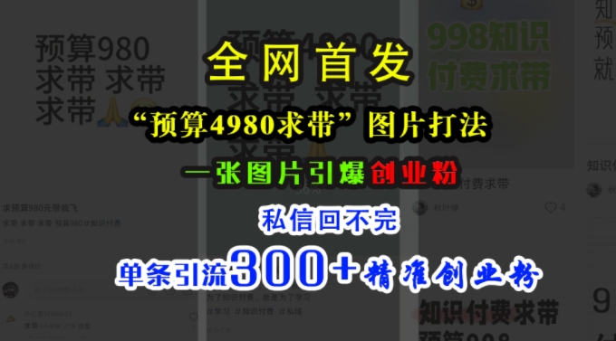 小红书“预算4980带我飞”图片打法，一张图片引爆创业粉，私信回不完，单条引流300+精准创业粉_豪客资源库