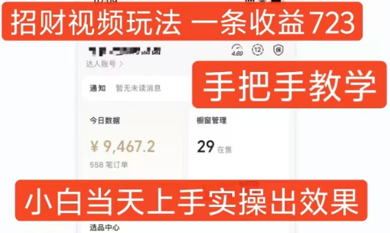 招财视频玩法，一条视频收益723，手把手教学，小白当天可上手_豪客资源库