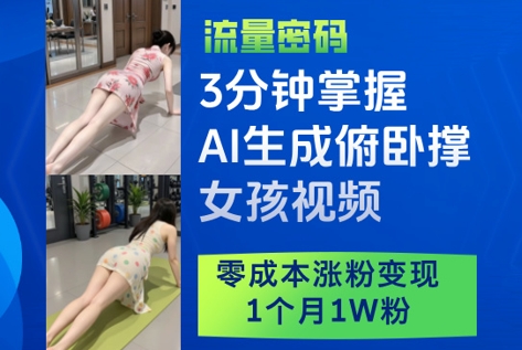 3分钟掌握AI生成俯卧撑女孩视频，零成本涨粉变现，1个月1W粉——豪客资源创业项目网-豪客资源_豪客资源库