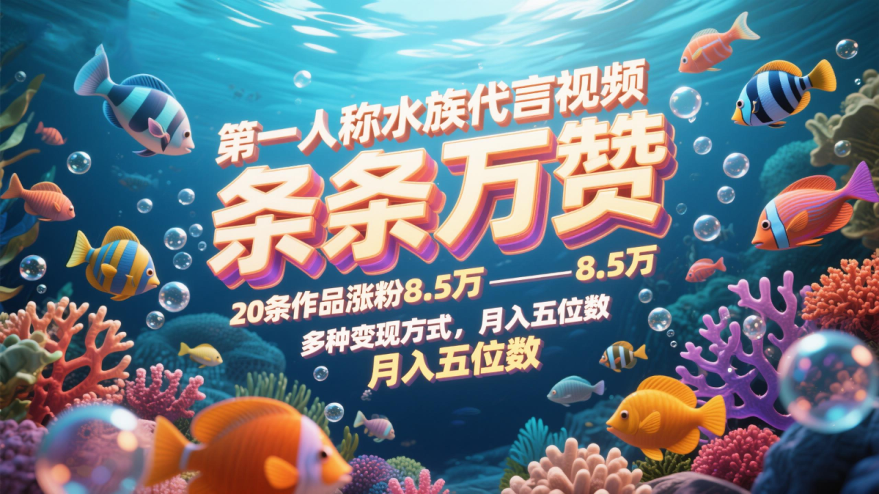 第一人称水族代言视频，条条万赞，20条作品涨粉8.5万，多种变现方式月，入五位数_豪客资源创业网-豪客资源_豪客资源库