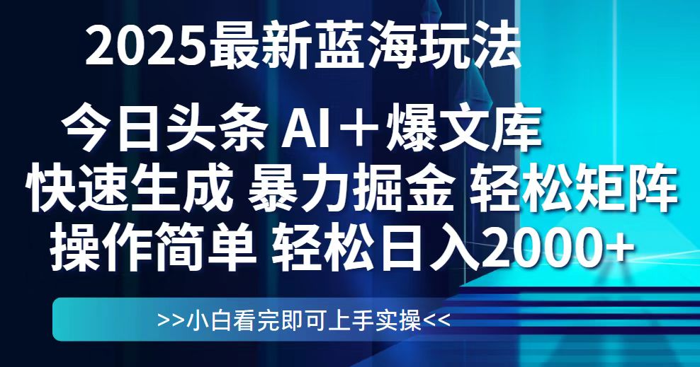 （14805期）今日头条2025最新蓝海玩法，思路简单，复制粘贴，轻松实现矩阵日入2000+_豪客资源创业项目网-豪客资源_豪客资源库
