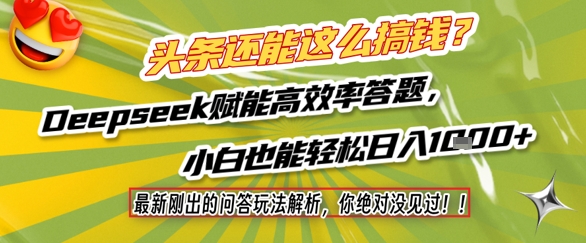 头条还能这么搞钱？最新刚出的问答玩法解析，你绝对没见过！Deepseek赋能高效率答题，小白也能轻松日入1k+——豪客资源创业项目网-豪客资源_豪客资源库