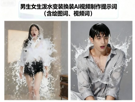 男生女生泼水变装换装AI视频制作提示词(含绘图词、视频词)——豪客资源创业项目网-豪客资源_豪客资源库