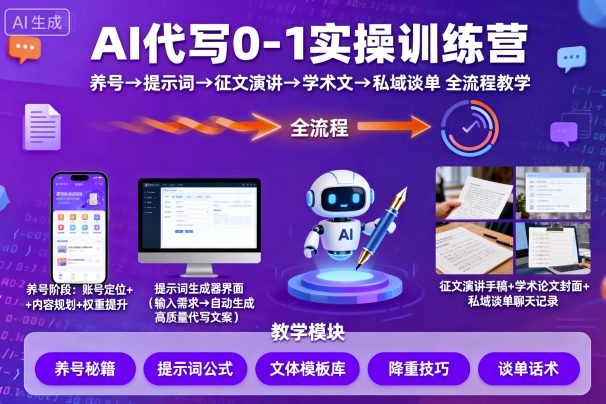 AI代写0-1实操训练营，从养号、提示词、征文演讲、学术文，到私域谈单的全流程教学——豪客资源创业项目网-豪客资源_豪客资源库