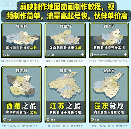 剪映制作地图动画制作教程，视频制作简单，流量高起号快，伙伴单价高——豪客资源创业项目网-豪客资源_豪客资源库