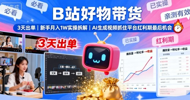 B站好物带货，3天出单，新手月入1W实操拆解，AI生成视频，抓住平台红利期最后机会——豪客资源创业项目网-豪客资源_豪客资源库