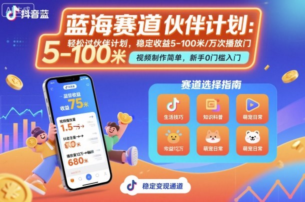 抖音蓝海赛道，轻松过伙伴计划，视频制作简单，万次播放收益在5-100米，稳定收益——豪客资源创业项目网-豪客资源_豪客资源库