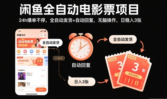 闲鱼全自动电影票项目，24h爆单不停，全自动发货+自动回复，无脑操作，日稳入3张【揭秘】——豪客资源创业项目网-豪客资源_豪客资源库