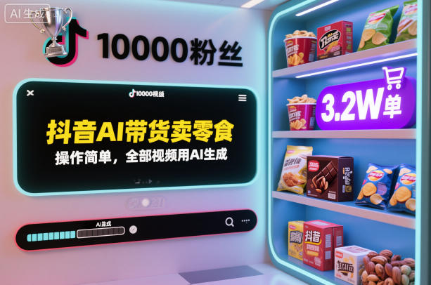 抖音AI带货卖零食，操作简单，全部视频用AI生成，一万粉丝，卖了3.2W单——豪客资源创业项目网-豪客资源_豪客资源库