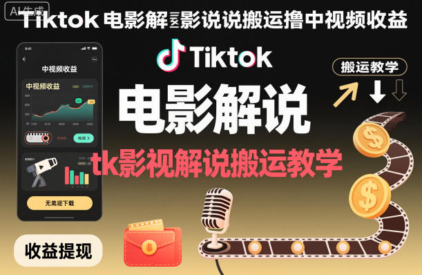 Tiktok电影解说搬运撸中视频收益，tk影视解说搬运教学——豪客资源创业项目网-豪客资源_豪客资源库