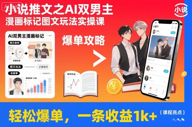 小说推文之AI双男主漫画标记图文玩法实操课，轻松爆单，一条收益1k+——豪客资源创业项目网-豪客资源_豪客资源库