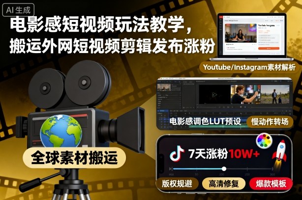 电影感短视频玩法教学，搬运外网短视频剪辑发布涨粉——豪客资源创业项目网-豪客资源_豪客资源库