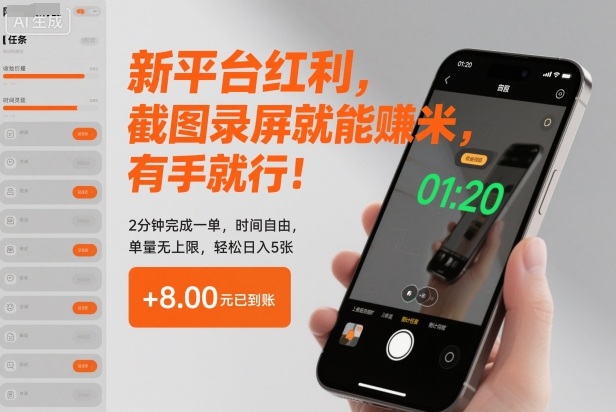 新平台红利，截图录屏就能賺米，有手就行！2分钟完成一单，时间自由，单量无上限，轻松日入5张【揭秘】——豪客资源创业项目网-豪客资源_豪客资源库