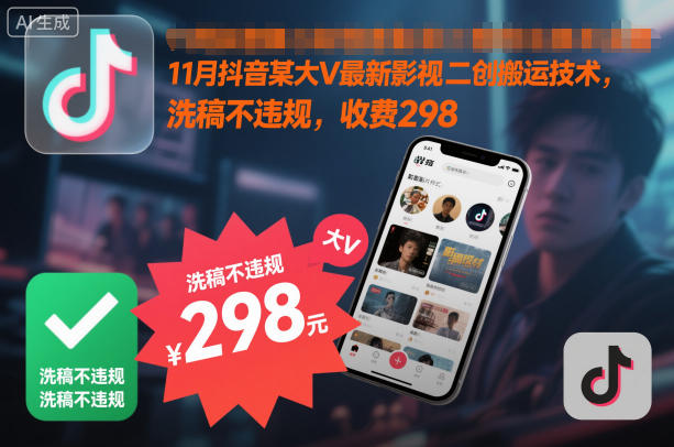 11月抖音某大V最新影视二创搬运技术，洗稿不违规，收费298——豪客资源创业项目网-豪客资源_豪客资源库