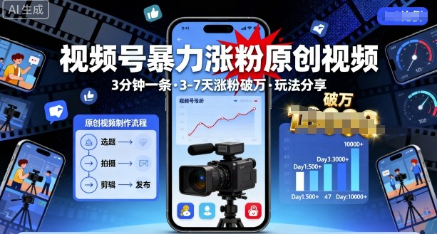 视频号暴力涨粉原创视频，3分钟一条原创视频，3-7天涨粉破万，玩法分享给你——豪客资源创业项目网-豪客资源_豪客资源库