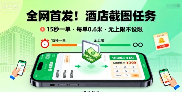 全网首发！酒店截图任务，15秒一单，每单0.6米，任务无上限不设限，矩阵操作单日3张到手【揭秘】——豪客资源创业项目网-豪客资源_豪客资源库