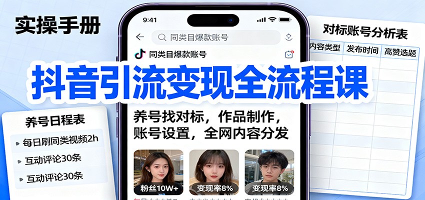抖音引流变现全流程课：养号找对标，作品制作，账号设置，全网内容分发_豪客资源创业网-豪客资源_豪客资源库