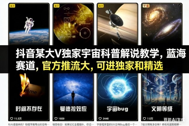 抖音某大V独家宇宙科普解说教学，蓝海赛道，官方推流大，可进独家和精选——豪客资源创业项目网-豪客资源_豪客资源库