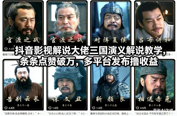 抖音影视解说大佬三国演义解说教学，条条点赞破万，多平台发布撸收益——豪客资源创业项目网-豪客资源_豪客资源库