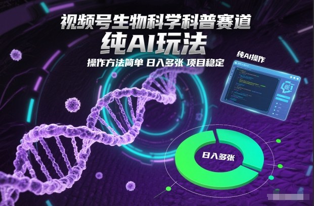 视频号生物科学科普赛道，纯AI玩法，操作方法简单，日入多张，项目稳定——豪客资源创业项目网-豪客资源_豪客资源库