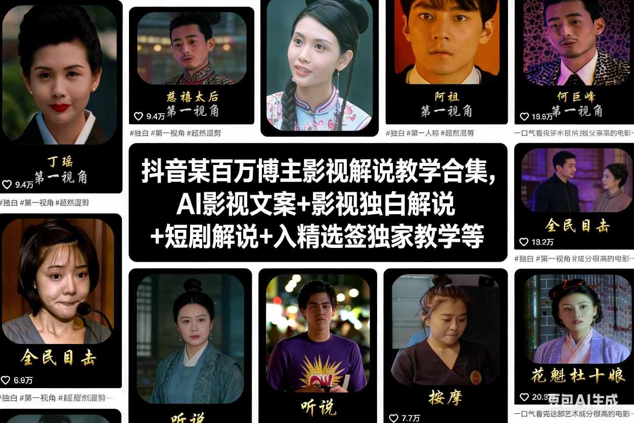 抖音某百万博主影视解说教学合集，AI影视文案+影视独白解说+短剧解说+入精选签独家教学等——豪客资源创业项目网-豪客资源_豪客资源库