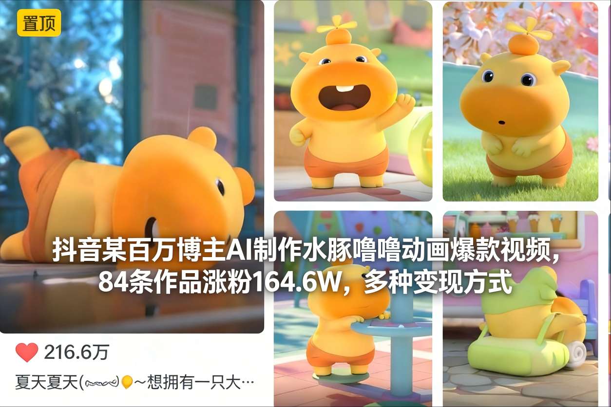 抖音某百万博主AI制作水豚噜噜动画爆款视频，84条作品涨粉164.6W，多种变现方式——豪客资源创业项目网-豪客资源_豪客资源库
