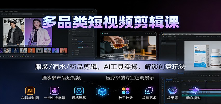 多品类短视频剪辑课：服装/酒水/药品剪辑，AI工具实操，解锁创意玩法_豪客资源创业网-豪客资源_豪客资源库