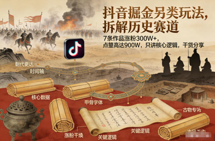 抖音掘金另类玩法，拆解历史赛道，7条作品涨粉300W+，点赞量高达900W，只讲核心逻辑，干货分享——豪客资源创业项目网-豪客资源_豪客资源库