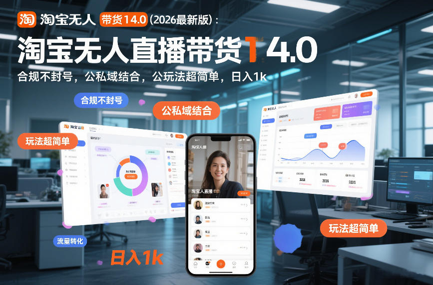 淘宝无人直播带货14.0（2026最新版）：合规不封号，公私域结合，玩法超简单，日入1k+【揭秘】——豪客资源创业项目网-豪客资源_豪客资源库