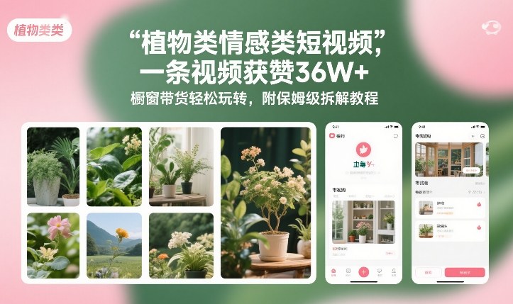 植物类情感类短视频，一条视频获赞36W+，橱窗带货轻松玩转，附保姆级拆解教程——豪客资源创业项目网-豪客资源_豪客资源库