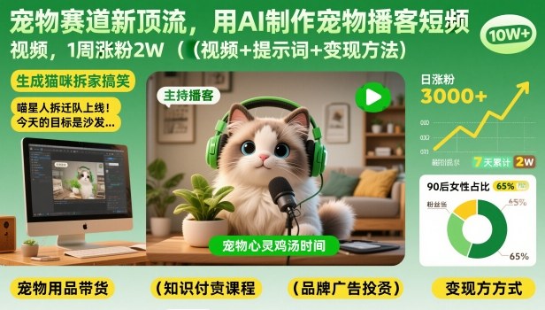 宠物赛道新顶流，用AI制作宠物播客短视频，1周涨粉2W（视频+提示词+变现方法）——豪客资源创业项目网-豪客资源_豪客资源库