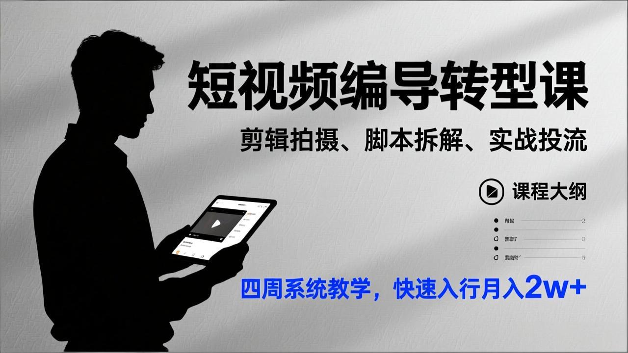 （17062期）短视频编导转型课，剪辑拍摄、脚本拆解、实战投流，四周系统教学，快速入行月入2w+_豪客资源创业项目网-豪客资源_豪客资源库