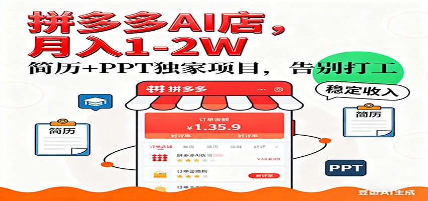 【独家】拼多多虚拟店，AI简历+PPT，单店月稳定1-2W，未来AI服务风口项目！_豪客资源创业网-豪客资源_豪客资源库