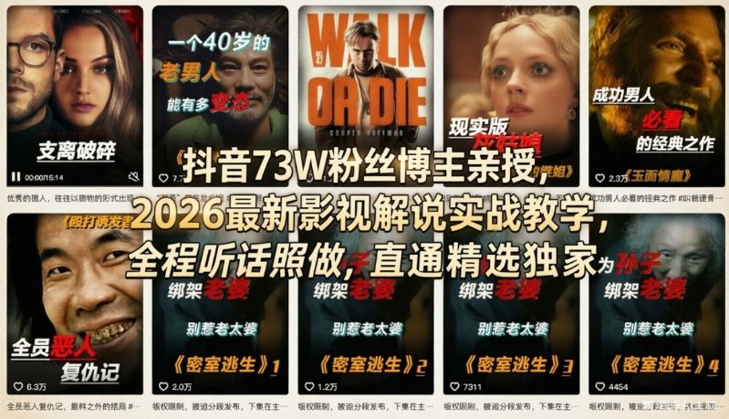 抖音73W粉丝博主亲授，2026最新影视解说实战教学，全程听话照做，直通精选独家——豪客资源创业项目网-豪客资源_豪客资源库