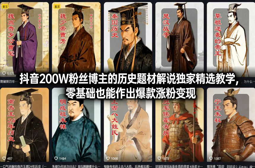 抖音200W粉丝博主的历史题材解说独家精选教学，零基础也能作出爆款涨粉变现——豪客资源创业项目网-豪客资源_豪客资源库
