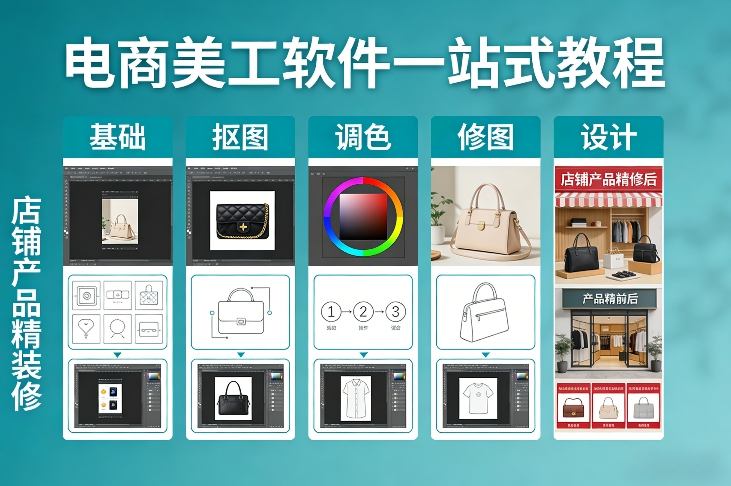 电商美工软件一站式教程，基础/抠图/调色/修图/设计，店铺产品精装修——豪客资源创业项目网-豪客资源_豪客资源库