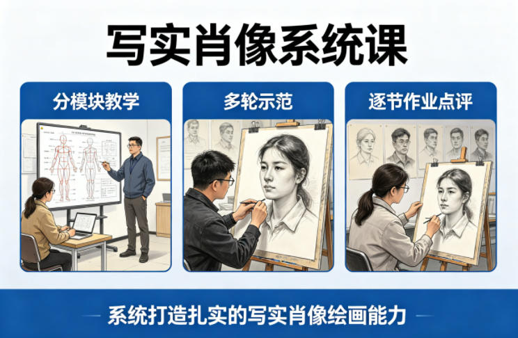 写实肖像系统课，全程分模块教学+多轮示范+逐节作业点评，系统打造扎实的写实肖像绘画能力——豪客资源创业项目网-豪客资源_豪客资源库