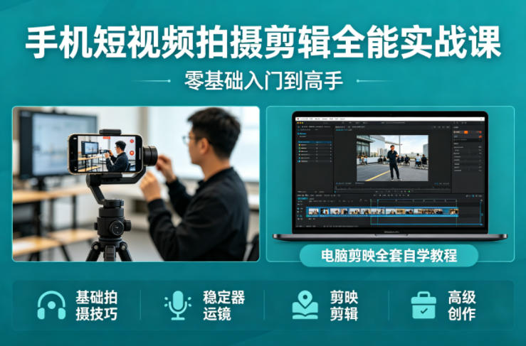 手机短视频拍摄剪辑全能实战课：零基础入门到高手，稳定器运镜+电脑剪映全套自学教程——豪客资源创业项目网-豪客资源_豪客资源库
