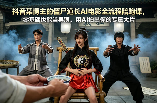 抖音某博主的僵尸道长AI电影全流程陪跑课，零基础也能当导演，用AI拍出你的专属大片——豪客资源创业项目网-豪客资源_豪客资源库