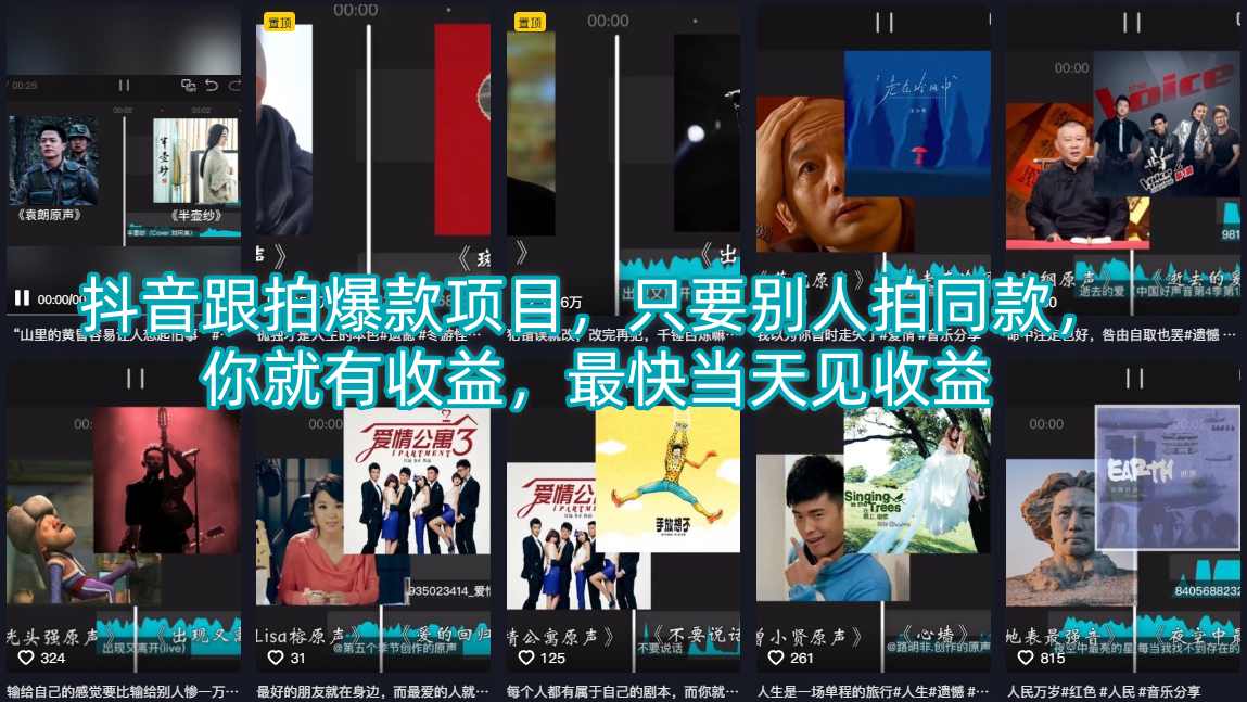 抖音跟拍爆款项目，只要别人拍同款，你就有收益，最快当天见收益——豪客资源创业项目网-豪客资源_豪客资源库