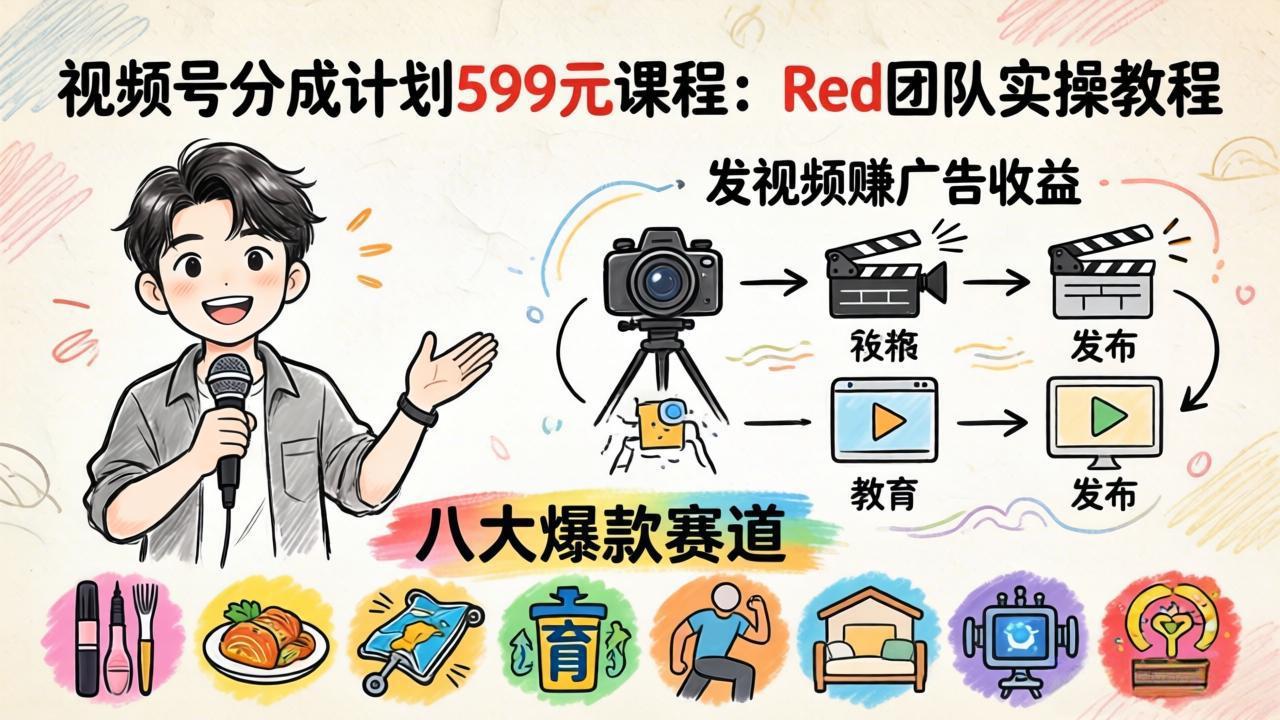 （18088期）视频号分成计划599元课程：Red团队实操教程，发视频赚广告收益，八大爆款赛道全掌握_豪客资源创业项目网-豪客资源_豪客资源库
