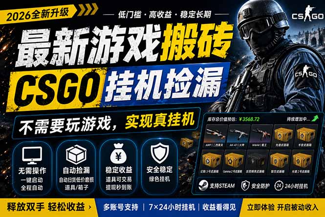 （18182期）最新游戏搬砖，CSGO纯挂机，不需要玩游戏，实现真挂机，月入1W+，五一小高峰上车可吃肉，…_豪客资源创业项目网-豪客资源_豪客资源库